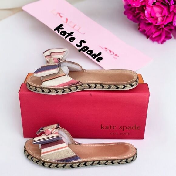 KATE SPADE IDALAH BERBER STRIPE PRINTED CANVAS SLIDE SANDAL SHOES WITH BOX 8.5M - Picture 1 of 8